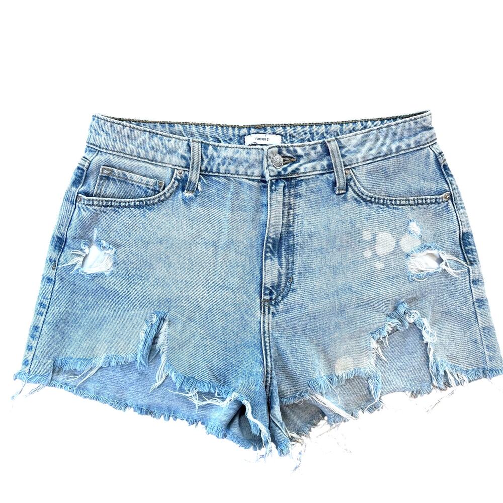 Forever 21 High-Waisted Distressed Denim Cut-Off Shorts Light Wash, Waist 33"